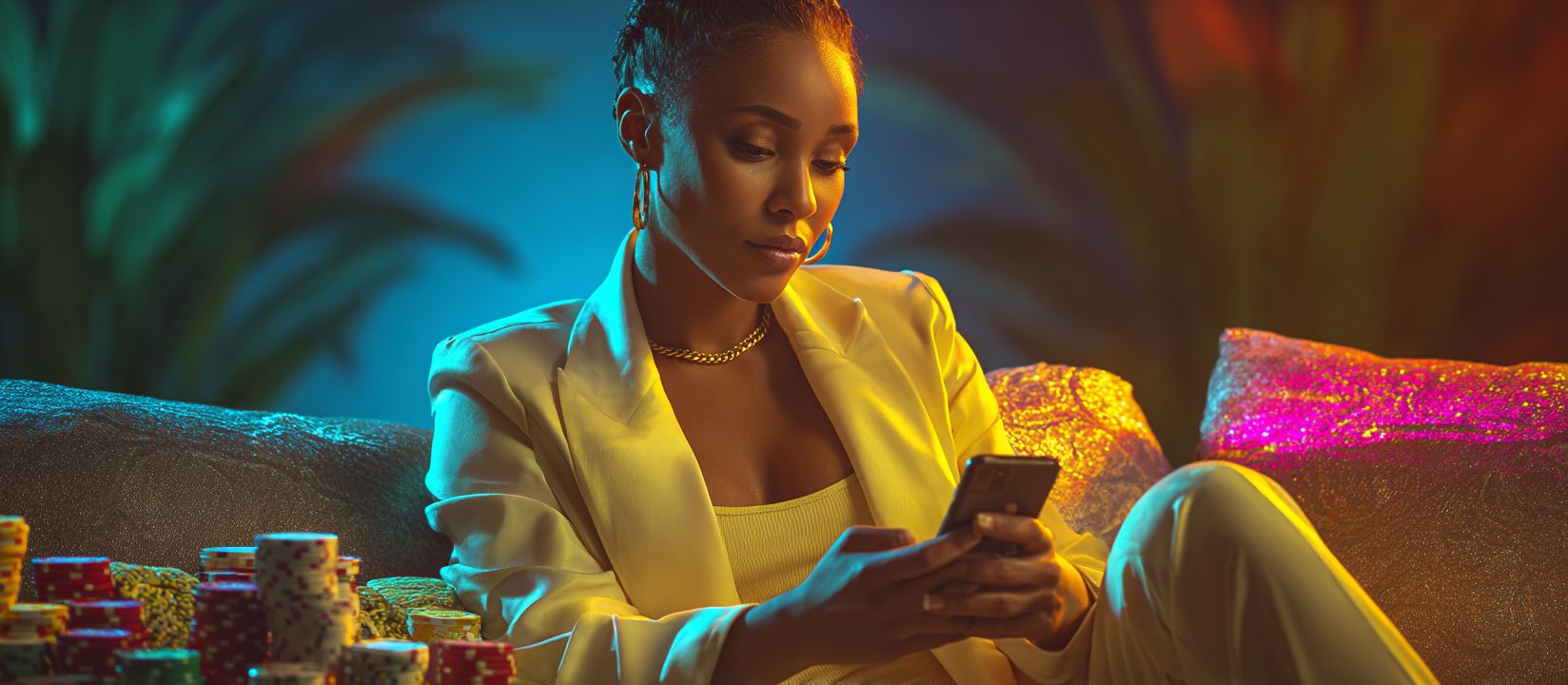 Download the Nanabet app and play anywhere! Stylish woman in yellow suit using smartphone surrounded by colorful casino chips at Nanabet mobile app