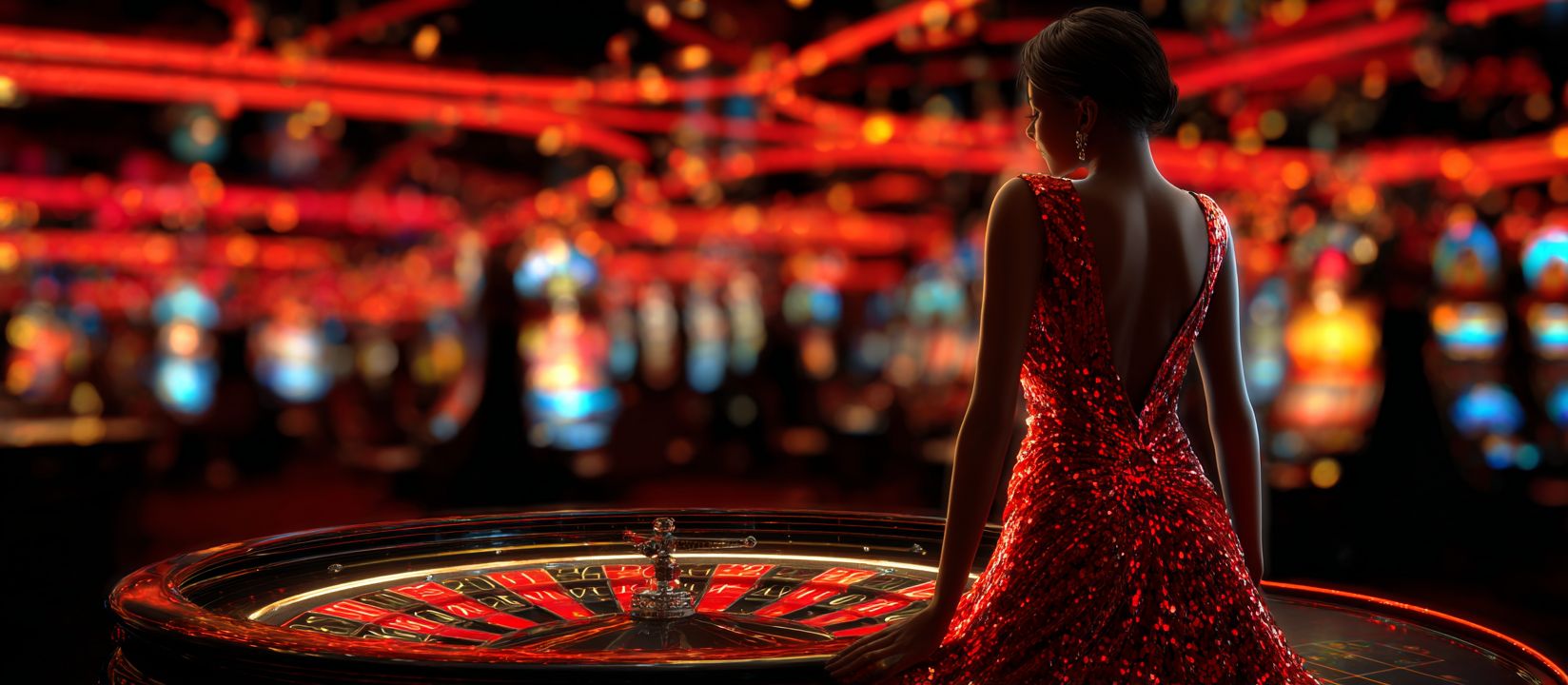 Elegant woman in red sparkling dress standing at roulette table with glowing lights in Nanabet Casino