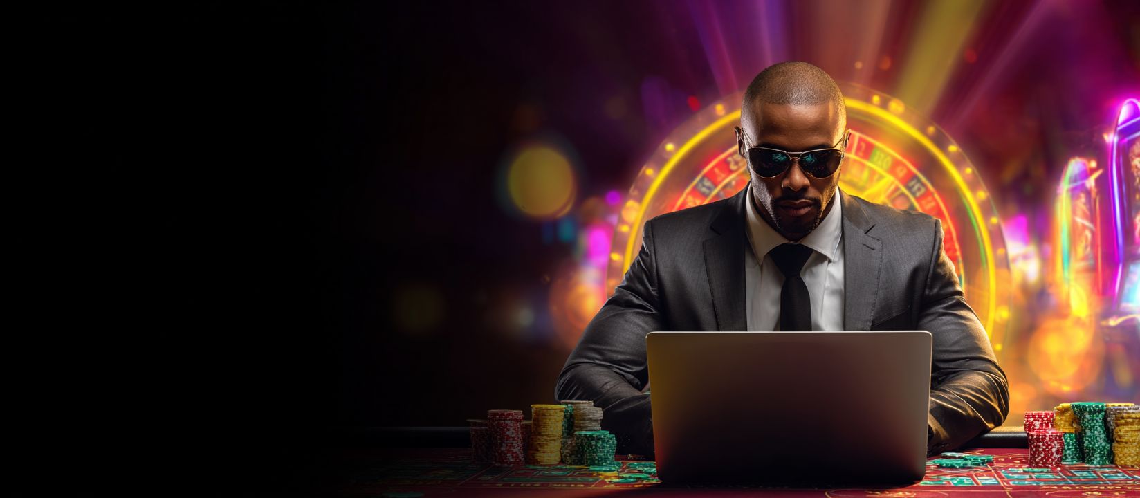 Discover top Nanabet games and start winning now! Confident man in black suit playing casino games on laptop with poker chips and roulette wheel at Nanabet