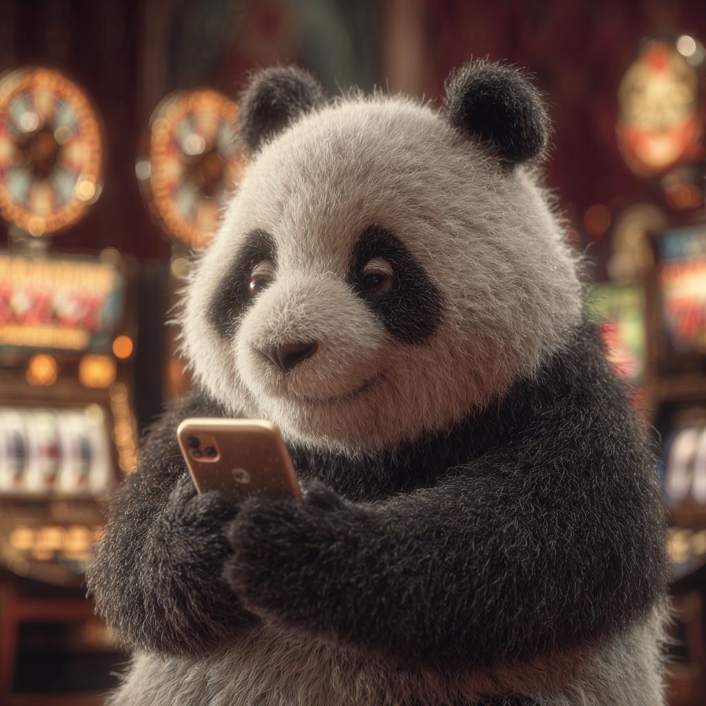Download the Nanabet app and start winning today! Cute panda mascot of Nanabet Casino smiling while using a smartphone app with slot machines in the background