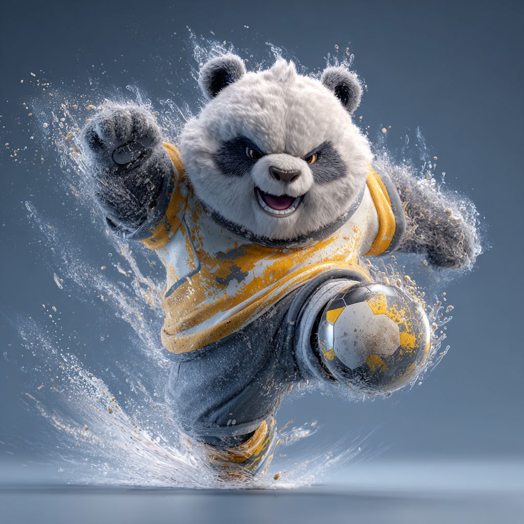 Energetic panda mascot in a yellow sports jersey kicking a football with water splash effect for Nanabet betting