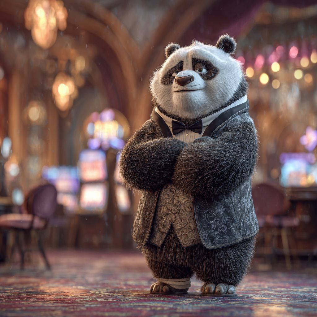 Elegant panda mascot in a tuxedo standing proudly in a glamorous Nanabet casino hall with slot machines and chandeliers