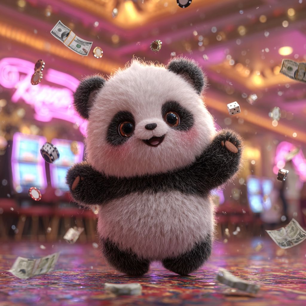 Play exciting Nanabet games and win big prizes! Adorable panda mascot surrounded by flying money, dice and casino chips in Nanabet games hall