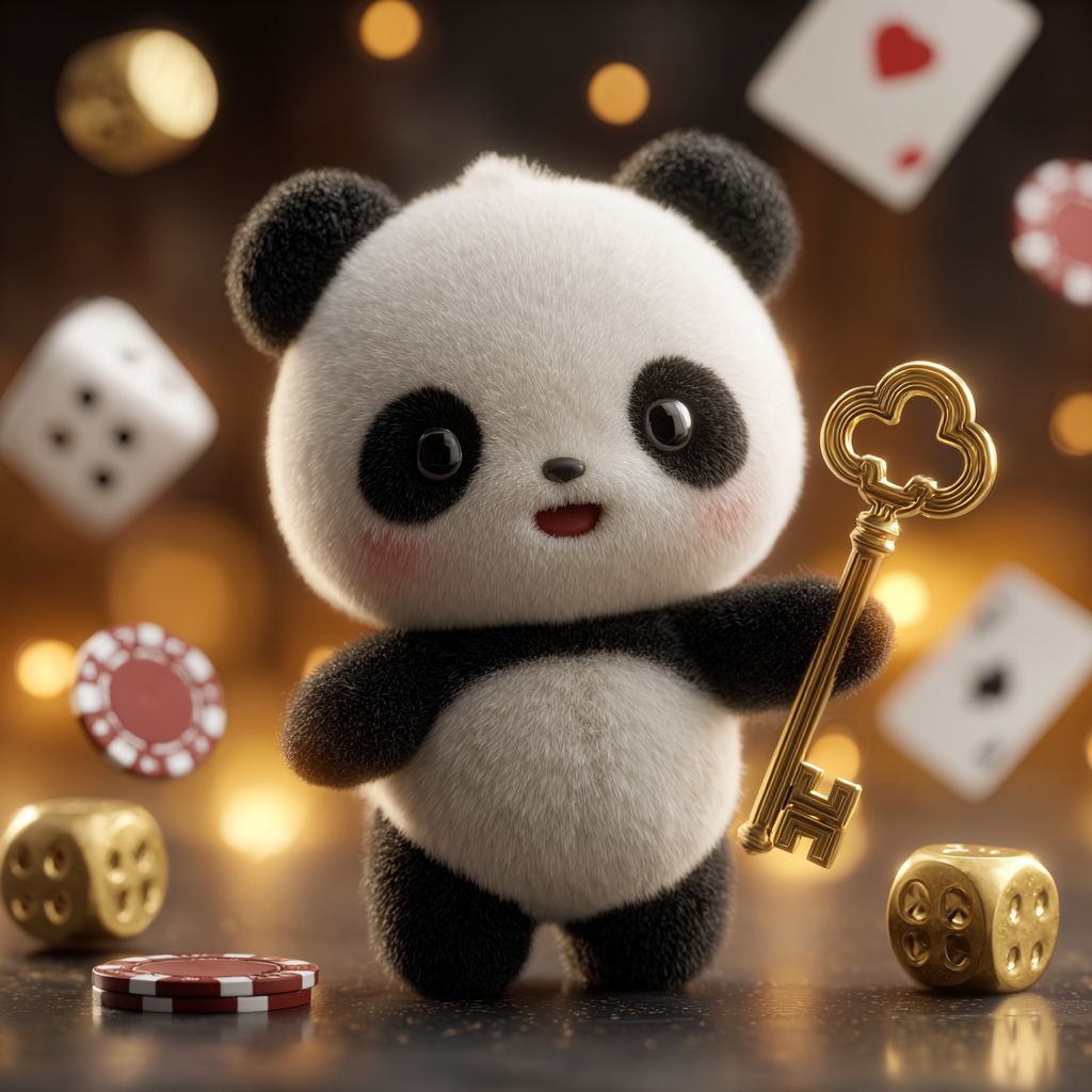 Cute panda mascot holding a golden key with dice, cards and chips glowing in the background at Nanabet Casino