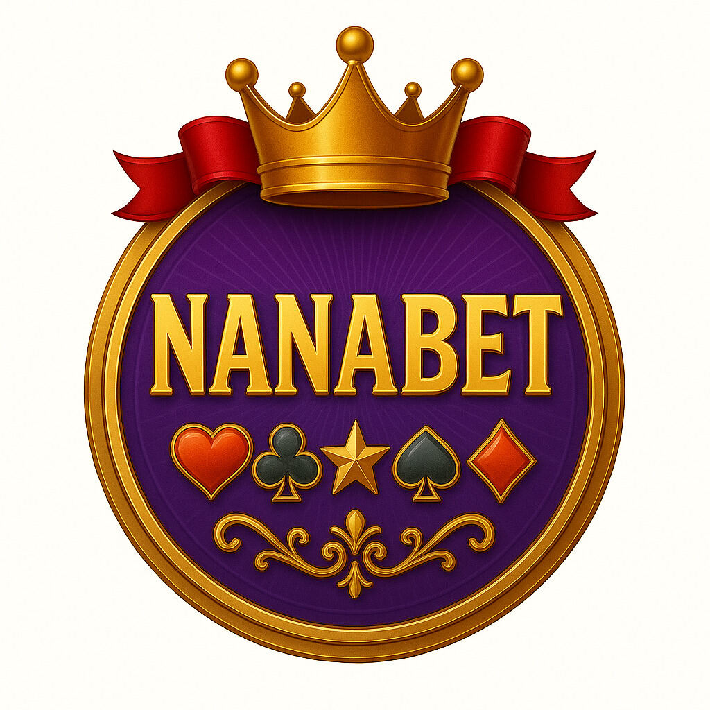 Join Nanabet Casino today and experience royal gaming! Nanabet Casino official logo with golden crown, red ribbon and colorful card symbols on a royal purple background