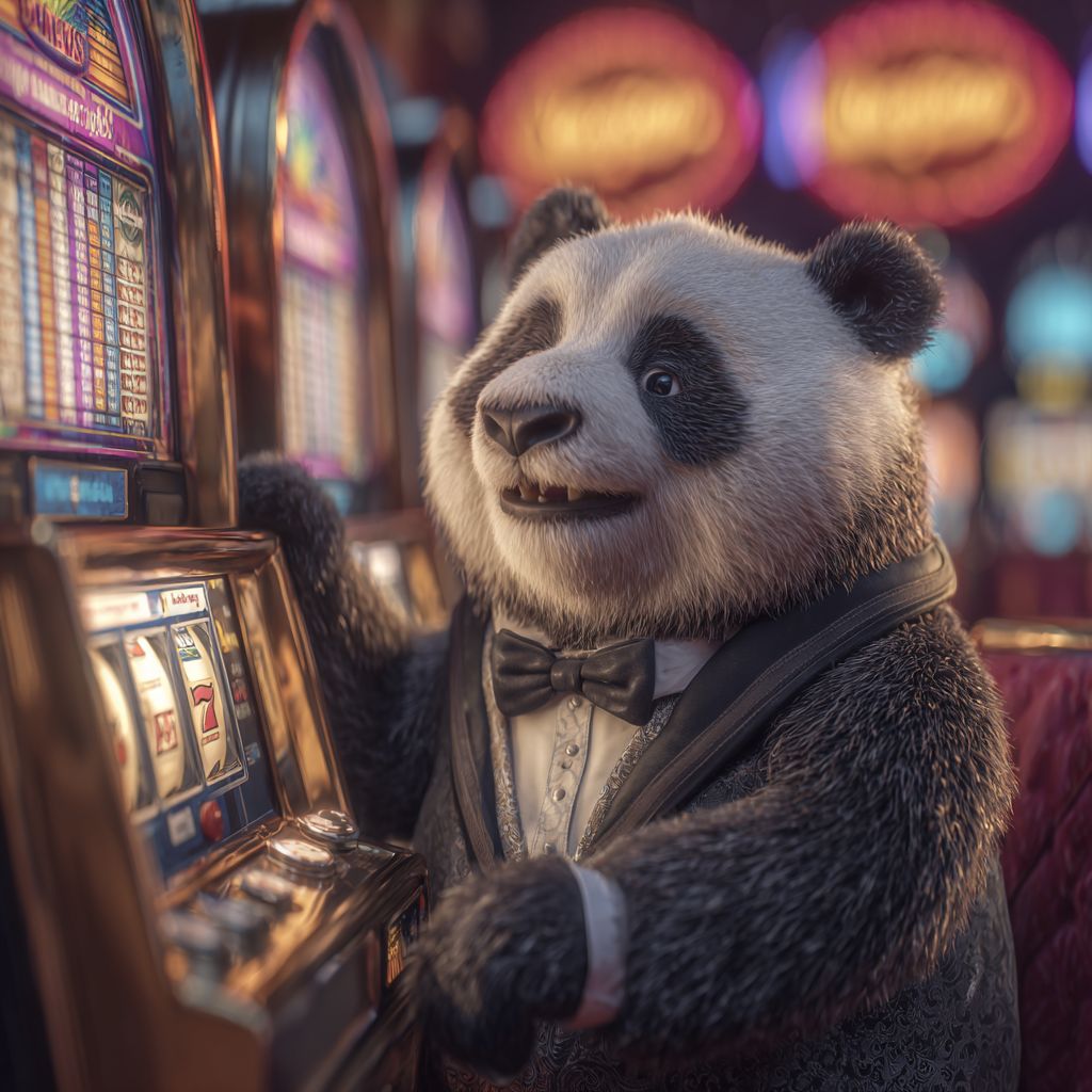 Spin the reels on Nanabet slots and hit the jackpot! Charming panda mascot in a tuxedo happily playing slot machines inside Nanabet Casino