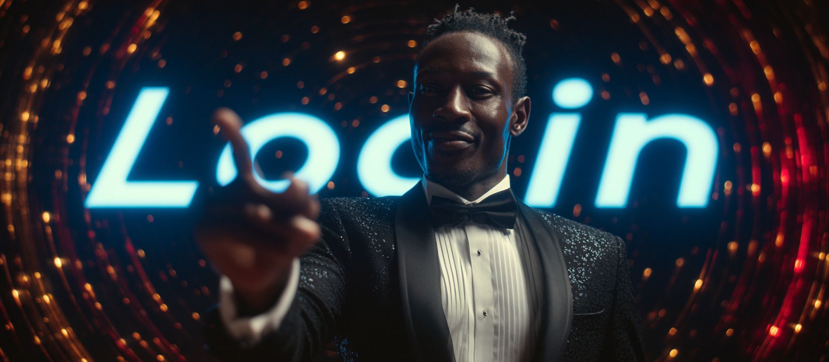Man in tuxedo smiling and pointing to login screen with glowing lights at Nanabet Casino