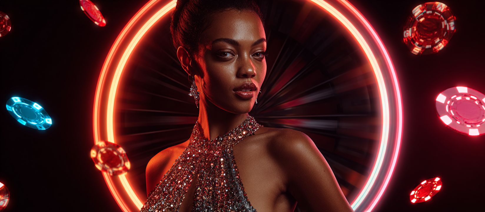 Join Nanabet Casino now and enjoy glamorous roulette action! Elegant woman in sparkling evening dress standing with glowing roulette wheel and flying poker chips at Nanabet Casino