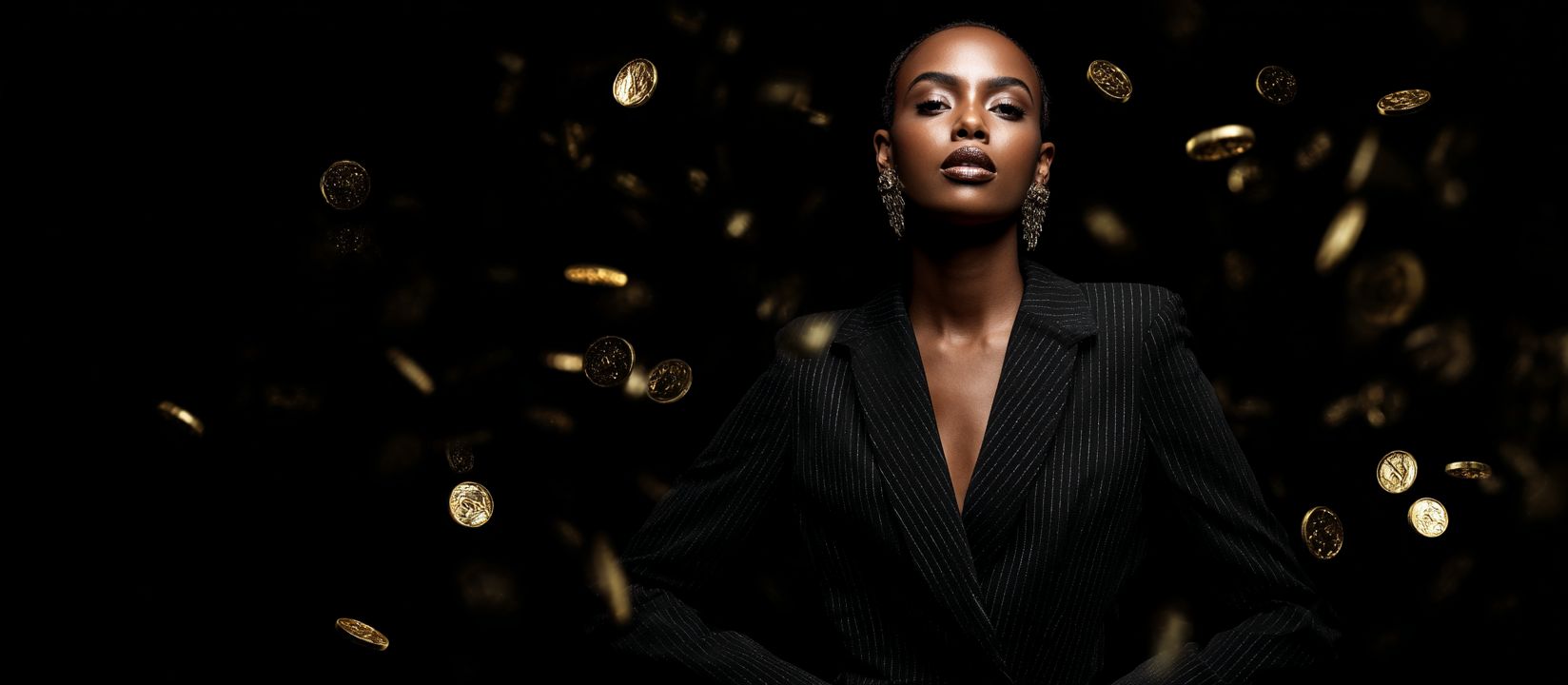 Play at Nanabet Casino and win real money prizes today! Confident woman in black suit surrounded by falling golden coins symbolizing big wins at Nanabet Casino