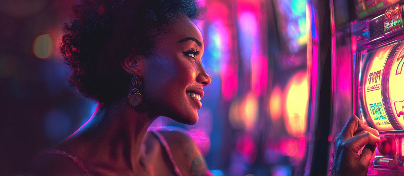Spin the reels on Nanabet slots and hit the jackpot! Happy woman playing colorful slot machines with bright neon lights at Nanabet Casino