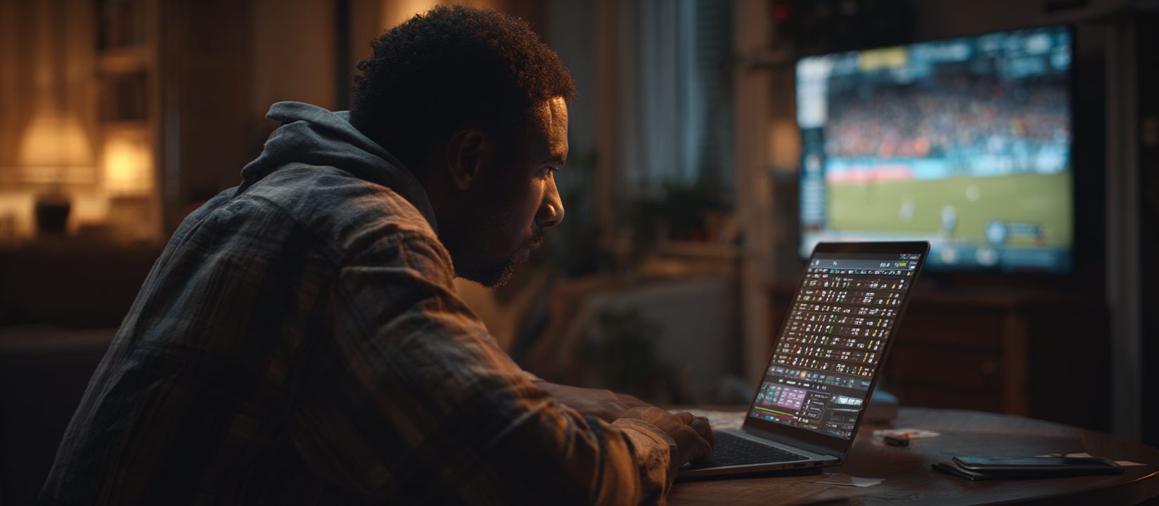 Focused man using laptop for online sports betting with live football match on TV in the background at Nanabet
